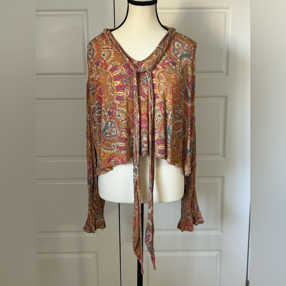 Free People Red and Orange Bell Sleeve Blouse with Tie Front - Picture 1 of 10